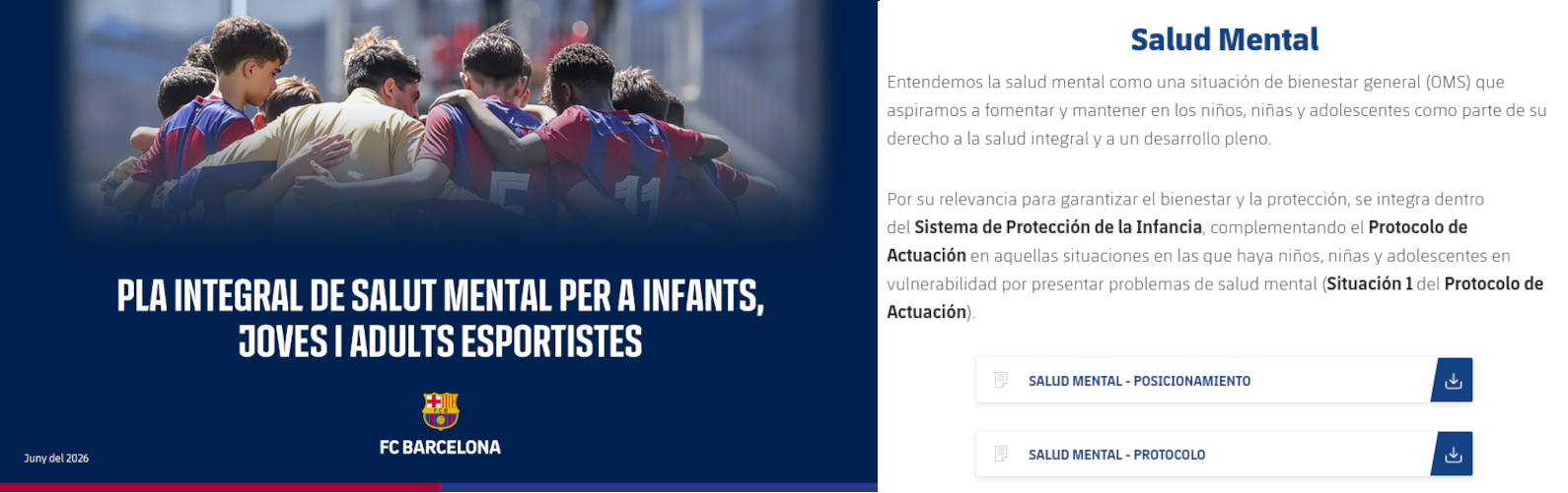 Combinación de la portada empleada en la presentación del Plan Integral de Salud Mental del FC Barcelona y su Fundación, con un grupo de adolescentes en círculo con su entrenador y a la derecha una captura de pantalla que presenta el Posicionamiento y el Protocolo de Salud Mental.