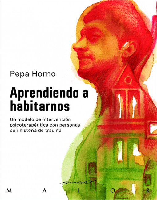 Portada del libro "Aprendiendo a habitarnos" de Pepa Horno, que tiene el título y el nombre de la autora al lado de una imagen en acuarela de un hombre dentro del cual se adivinan una serie de estancias, como una casa interior.